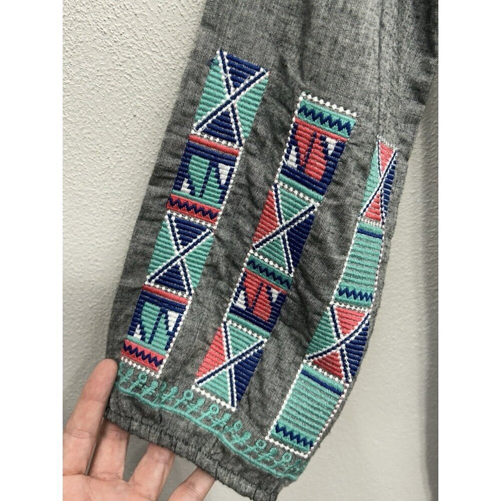 THML Dress large Grey Embroidered Aztec Boho Long Sleeve Tribal Western - Picture 6 of 7